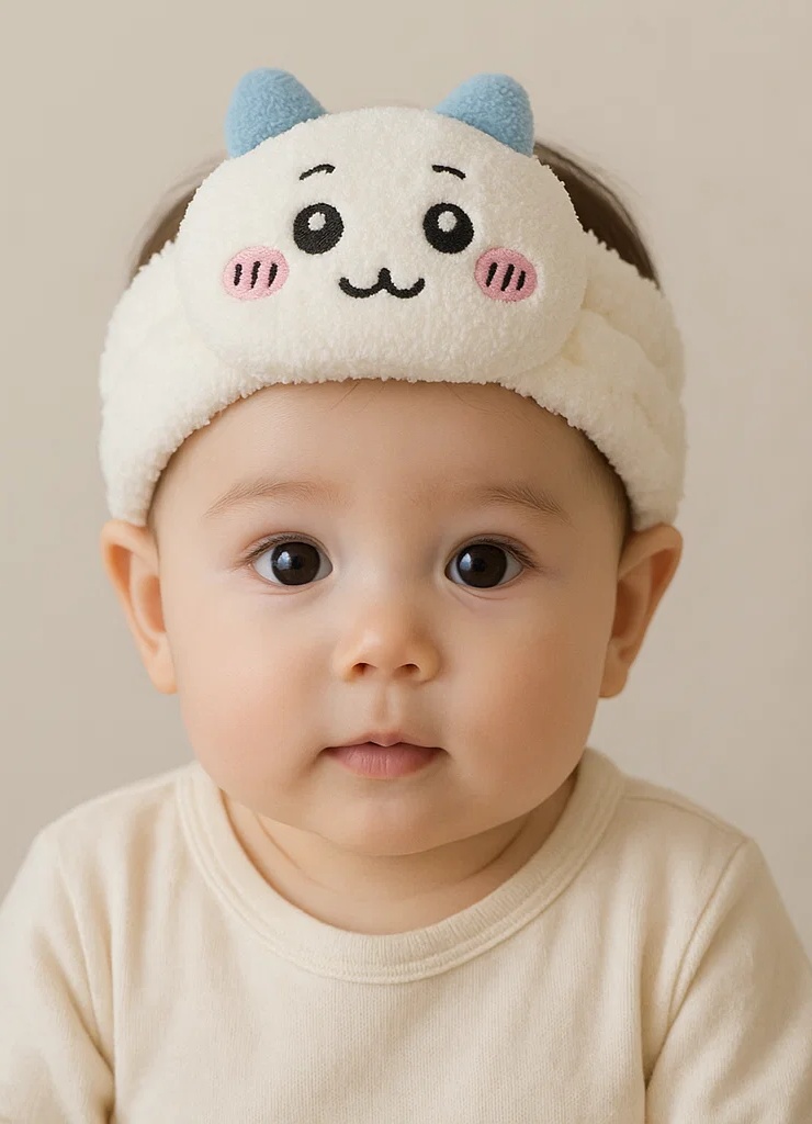 Kawaii Blush Cat Baby Headband – Soft White Fleece Hairband with Blue Ears
